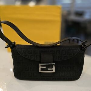 AUTHENTIC Fendi Vintage Black Zucca Canvas Baguette - Full Set